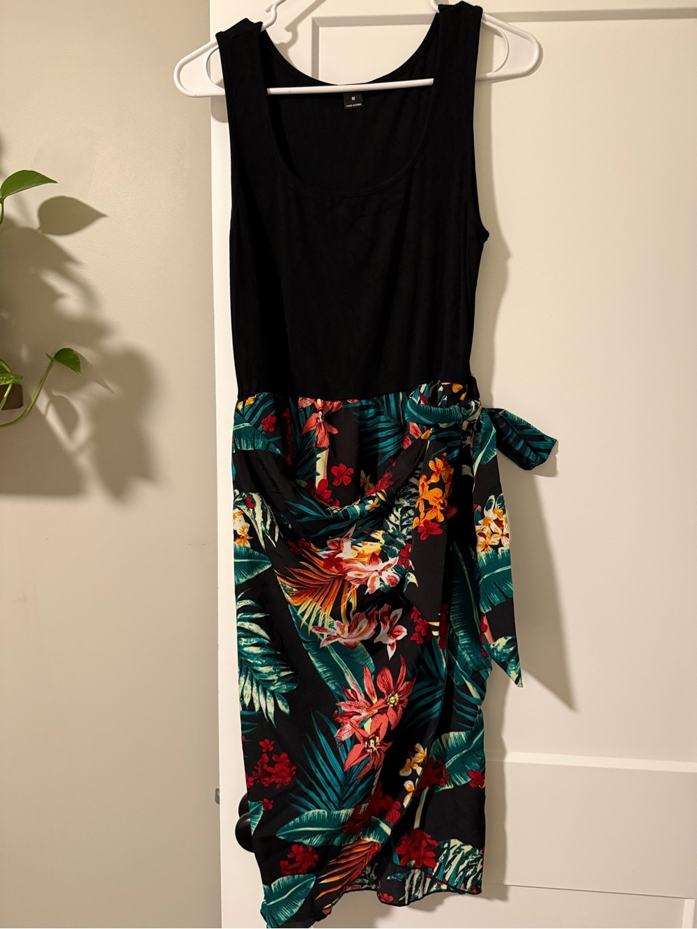 Black Tank Midi Tropical Print Dress with Side Tie